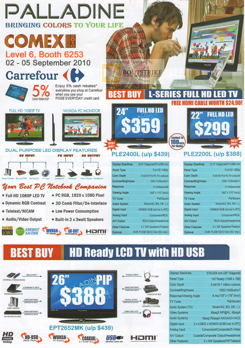 Comex 2010 price list image brochure of Palladine Carrefour LED TV PLE2400L PLE2200L USB EPT2652MK