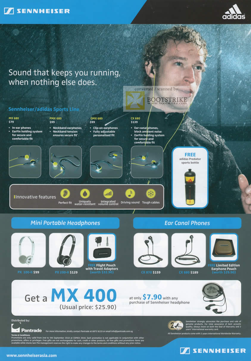 Comex 2010 price list image brochure of Pantrade Sennheiser Adidas Sports Line MX 680 PMX OMX CX Mini Portable Headphones Ear Canal Phones