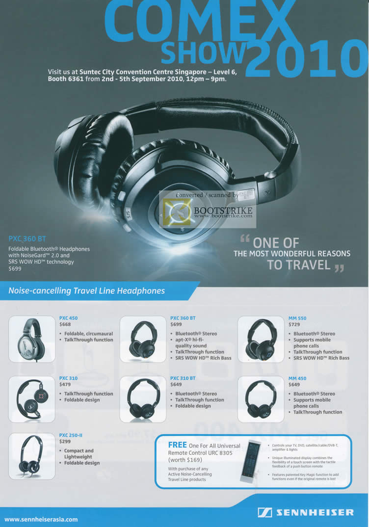 Comex 2010 price list image brochure of Pantrade Sennheiser Noise Cancelling Travel Line Headphones PXC 450 360 MM 250 II