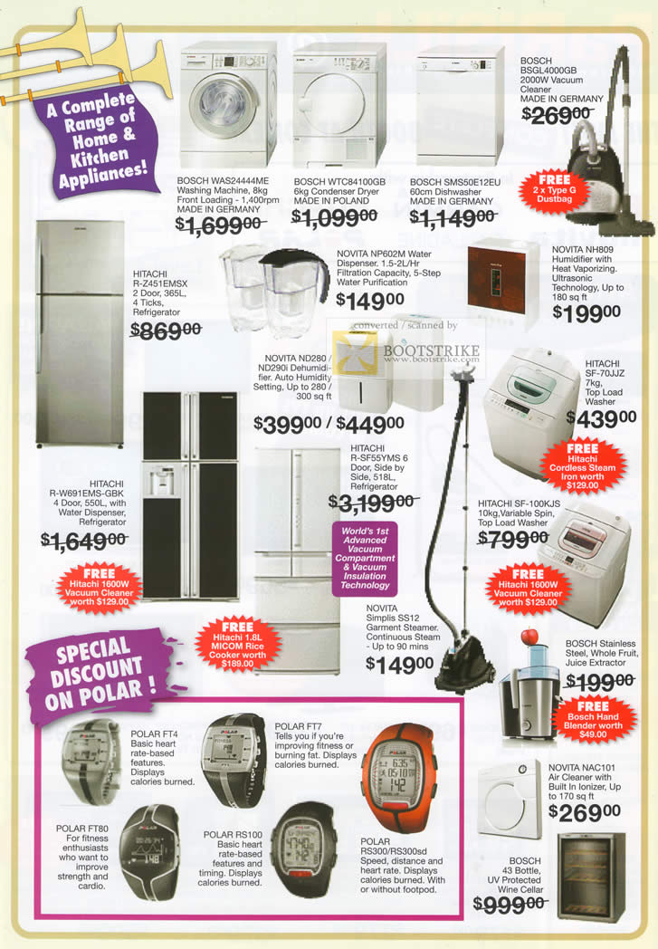 Comex 2010 price list image brochure of Parisilk Bosch Washing Macine Dishwasher Vacuum Cleaner Refrigerator Humidifier Novita Hitachi Polar Watches