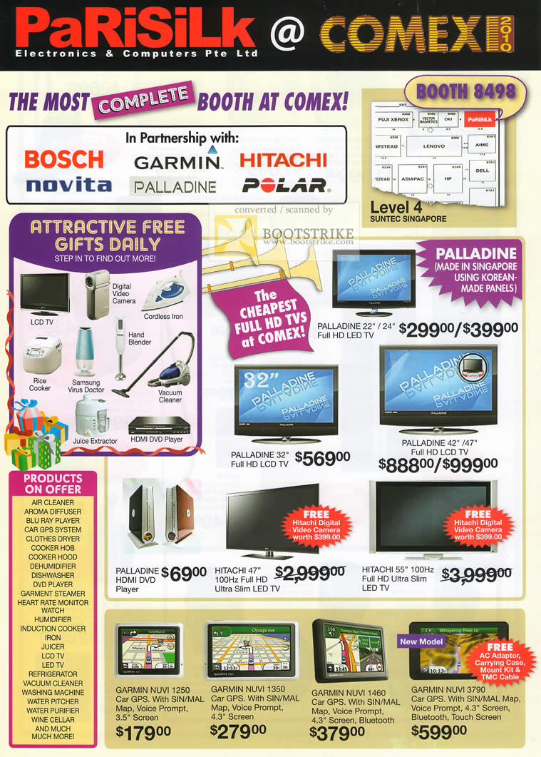 Comex 2010 price list image brochure of Parisilk Palladine LED TV LCD DVD Player Garmin GPS Nuvi 1250 1350 1460 3790