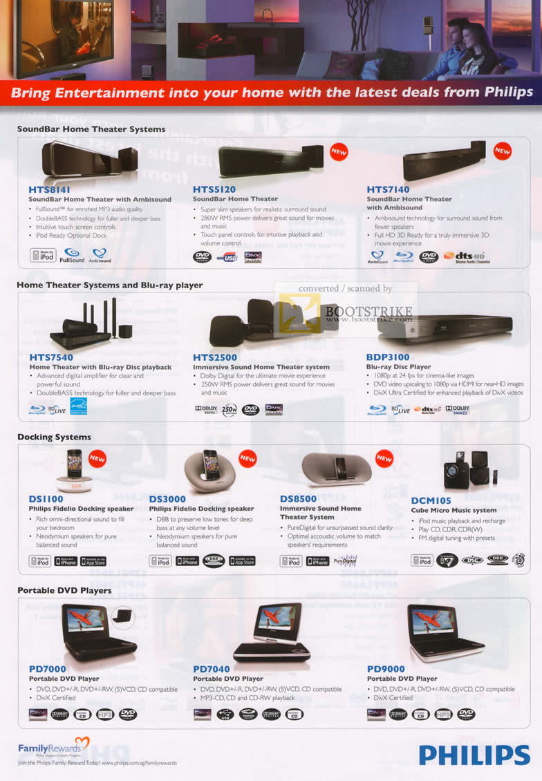 Comex 2010 price list image brochure of Philips SoundBar Home Theater HTS8141 HTS5120 HTS7140 Blu Ray HTS7540 Docking System DS1100 Portable DVD Players PD