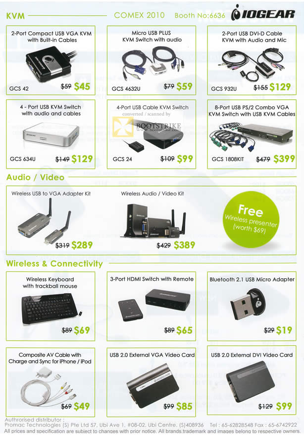 Comex 2010 price list image brochure of Promac Iogear KVM USB VGA Micro USB PS2 Combo Audio Video Wireless Keyboard Mouse Trackball HDMI Switch Bluetooth USB Video DVI