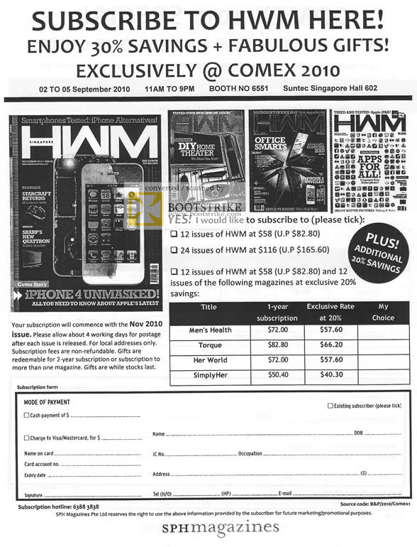 Comex 2010 price list image brochure of SPH Magazine Subscriptions HWM Mens Health Torque Her World SimplyHer