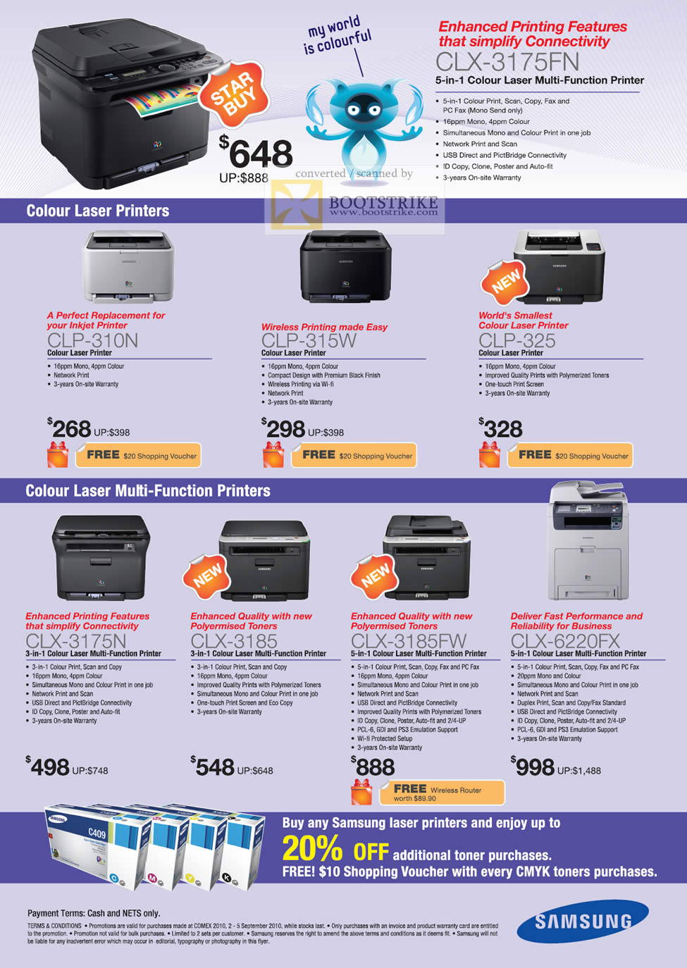 Comex 2010 price list image brochure of Samsung Colour Laser Printers CLX 3175FN CLP 310N 315W 325 Multi Function 3175N 3185 3185FW 6220FX