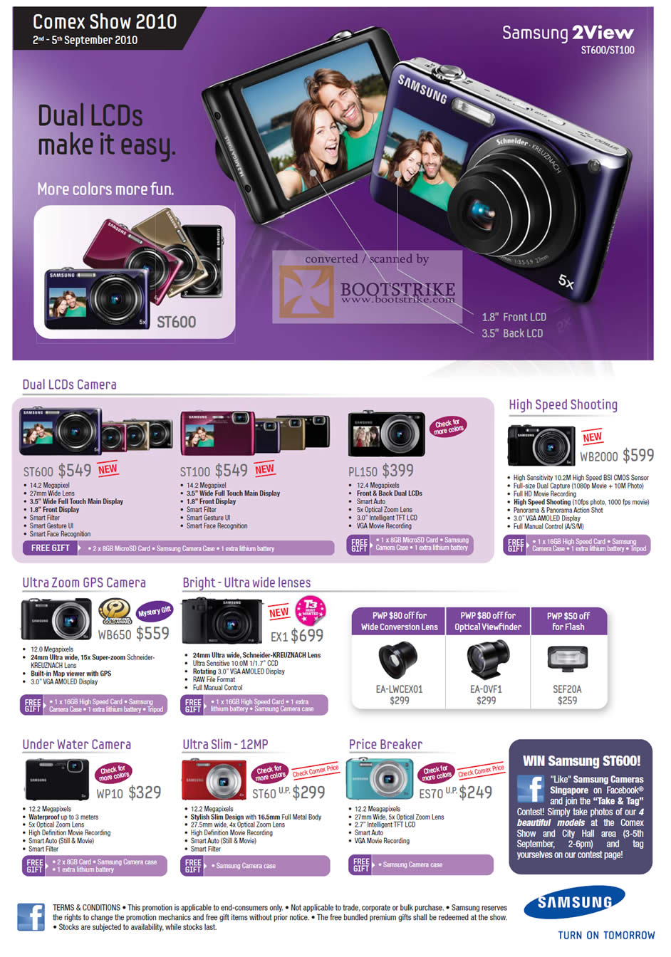 Comex 2010 price list image brochure of Samsung Digital Cameras Dual LCDs ST600 ST100 PL150 WB2000 GPS WB650 EX1 WP10 ST60 ES70
