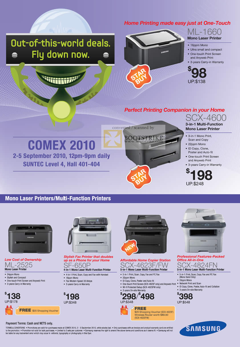 Comex 2010 price list image brochure of Samsung Laser Printers ML 1660 SCX 4600 Multi Function 2525 SF 650P 4623F FW 4824FN