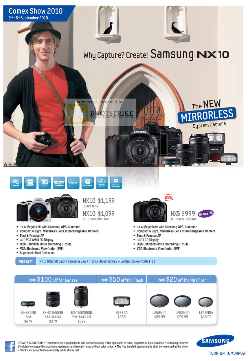 Comex 2010 price list image brochure of Samsung Mirrorless System Digital Cameras NX10 NX5