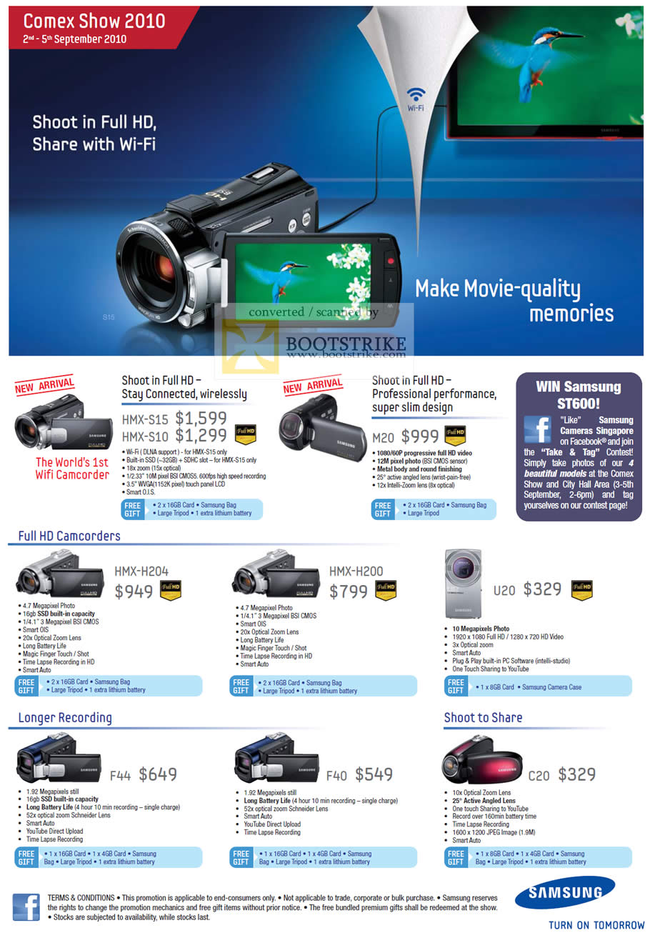 Comex 2010 price list image brochure of Samsung Video Camcorders HMX S15 S10 M20 H204 H200 U20 F44 F40 C20
