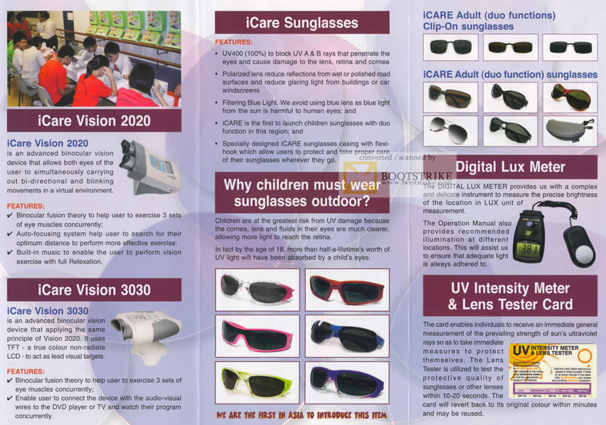 Comex 2010 price list image brochure of Share Care ICare Vision 2020 3030 Sunglasses Digital Lux Meter UV Intensity Meter Lens Tester Card
