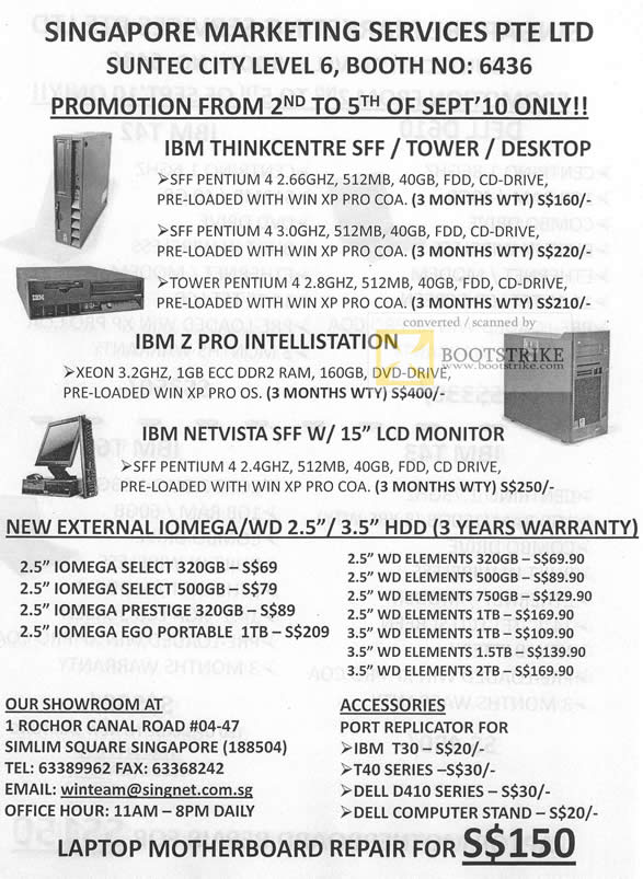 Comex 2010 price list image brochure of Singapore Marketing Desktops IBM Thinkcenter Tower Z Pro Netvista External Storage Iomega Prestige Select Ego Portable WD Elements