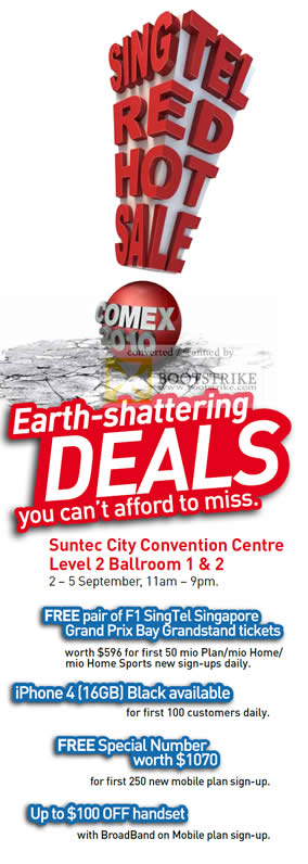 Comex 2010 price list image brochure of Singtel Earth Shattering Deals F1 Grand Prix IPhone 4 Black Special Number