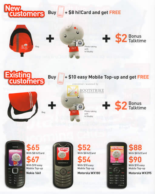Comex 2010 price list image brochure of Singtel Hi Card Prepaid Mobile Top Up Nokia 1661 Motorola WX180 WX395