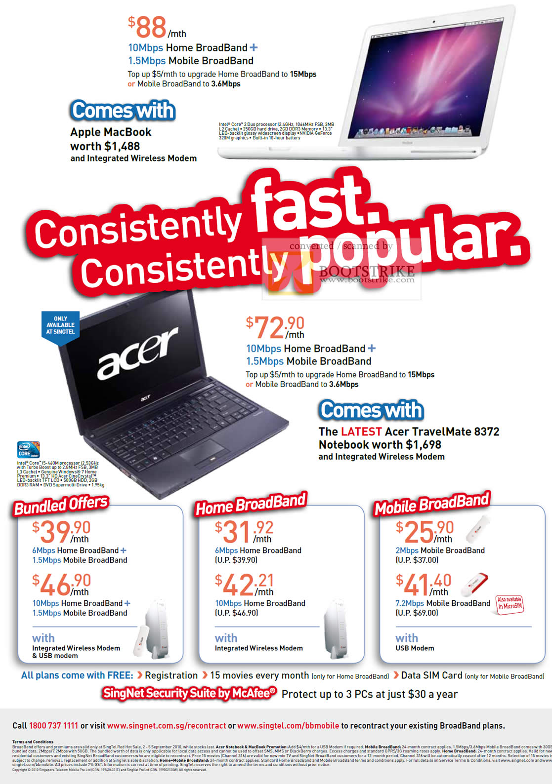 Comex 2010 price list image brochure of Singtel Mobile Home Broadband Apple MacBook Acer Travelmate 8372