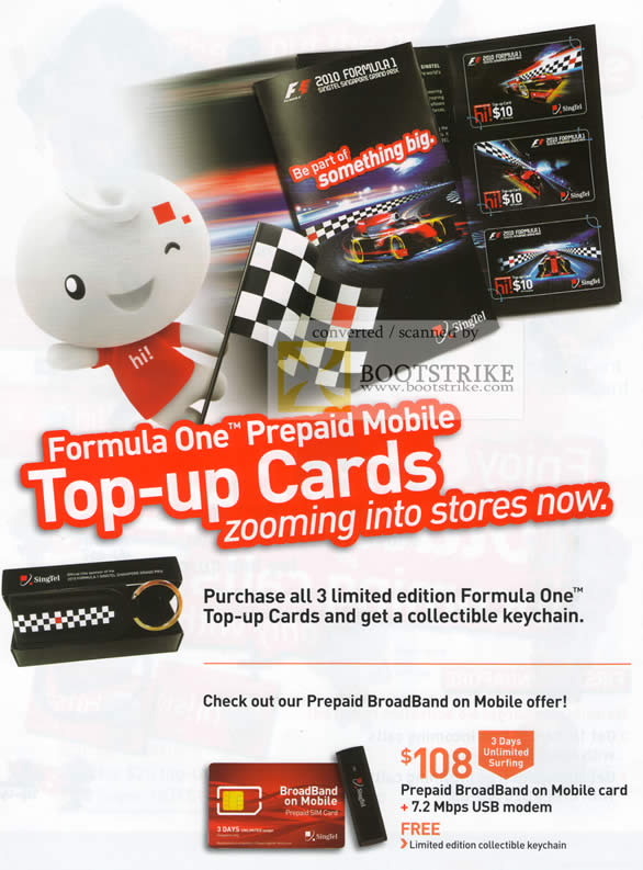 Comex 2010 price list image brochure of Singtel Prepaid Mobile Top Up Cards Formula One Prepaid Broadband