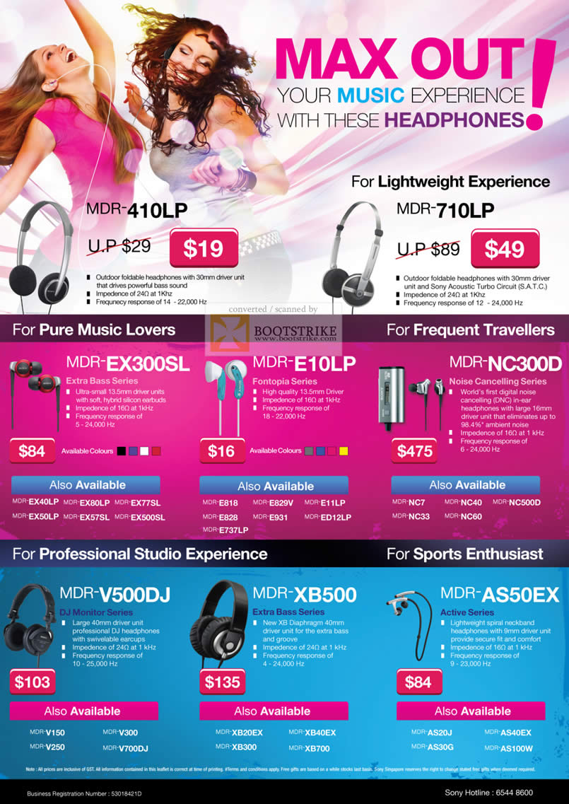 Comex 2010 price list image brochure of Sony Audio Headphone Earphone MDF 410LP 710LP EX300SL E10LP NC300D MDR V500DJ XB500 AS50EX