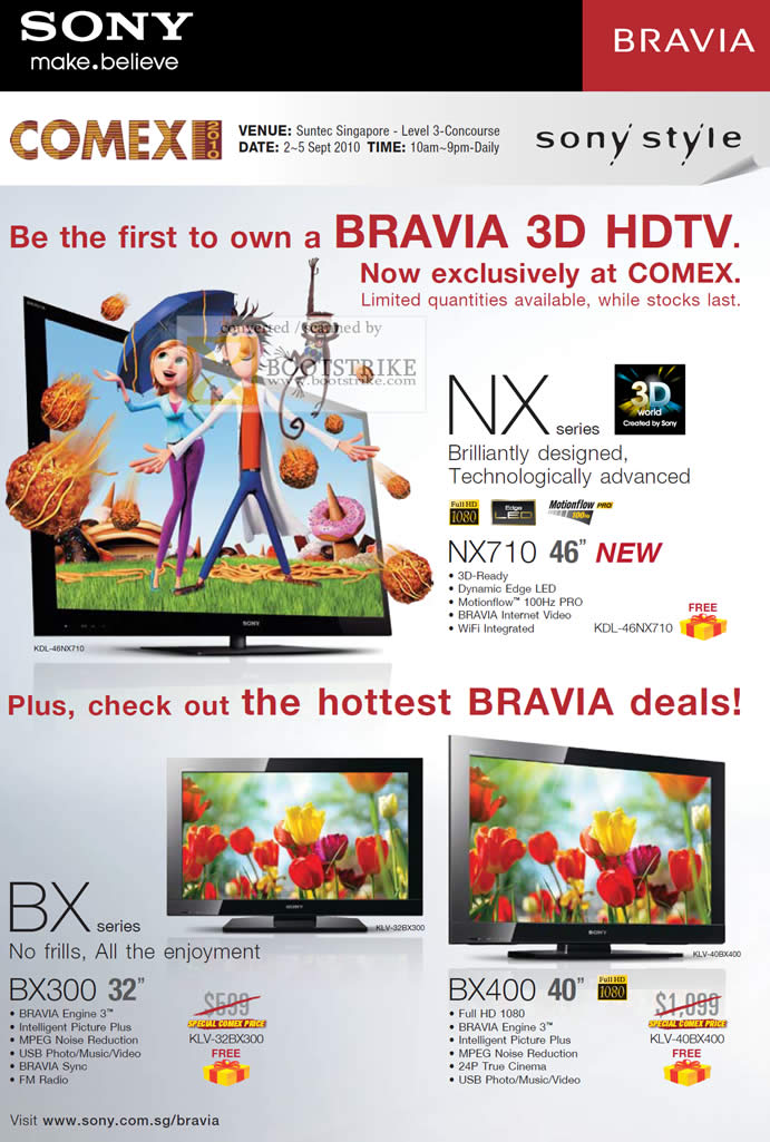 Comex 2010 price list image brochure of Sony Bravia 3D HDTV NX Series NX710 BX Series BX300 BX400