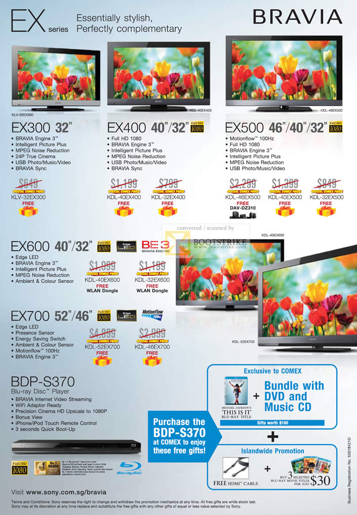 Comex 2010 price list image brochure of Sony Bravia TV KLV EX300 EX400 EX500 EX600 EX700 BDP S370 Blu Ray Player