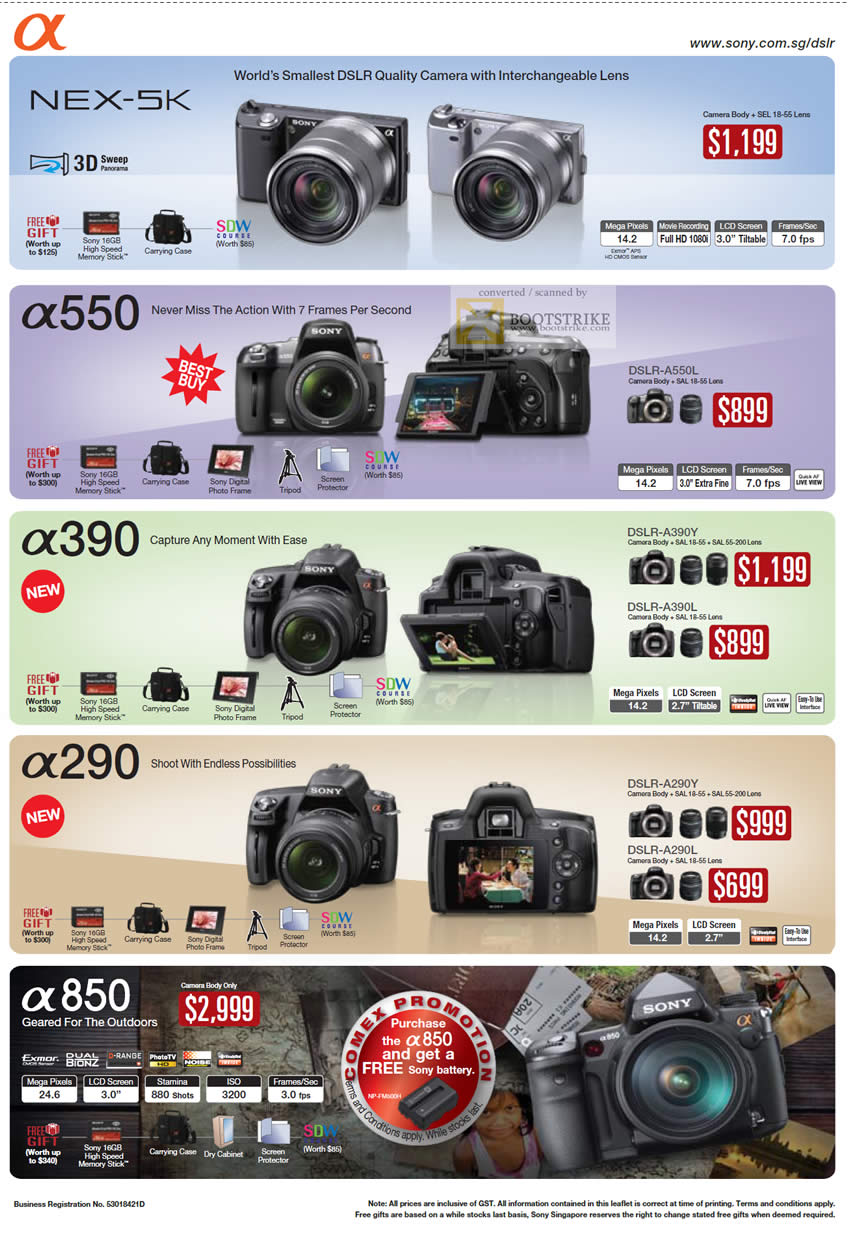 Comex 2010 price list image brochure of Sony Digital Cameras DSLR Alpha NEX 5K A550 A390 A290 A850