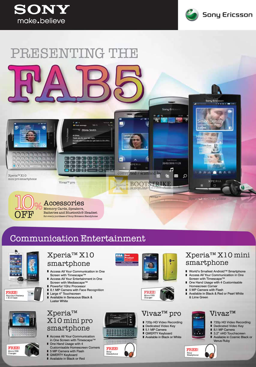Comex 2010 price list image brochure of Sony Ericsson Fab5 Xperia X10 Mini Pro Vivaz
