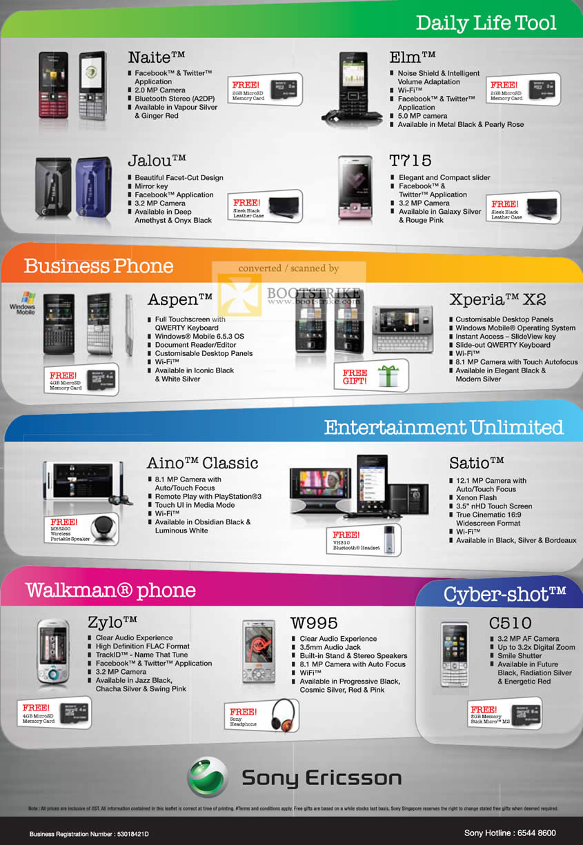 Comex 2010 price list image brochure of Sony Ericsson Naite Elm Jalou T715 Aspen Xperia X2 Aino Classic Satio Walkman Zylo W995 C510