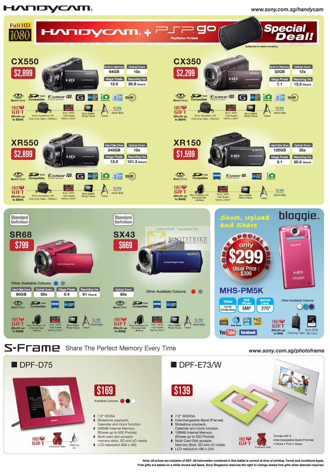 Comex 2010 price list image brochure of Sony Handycam Camcorders CX550 CX350 XR550 XR150 SR68 SX43 Digital Photo S Frame DPF D75 E73 W