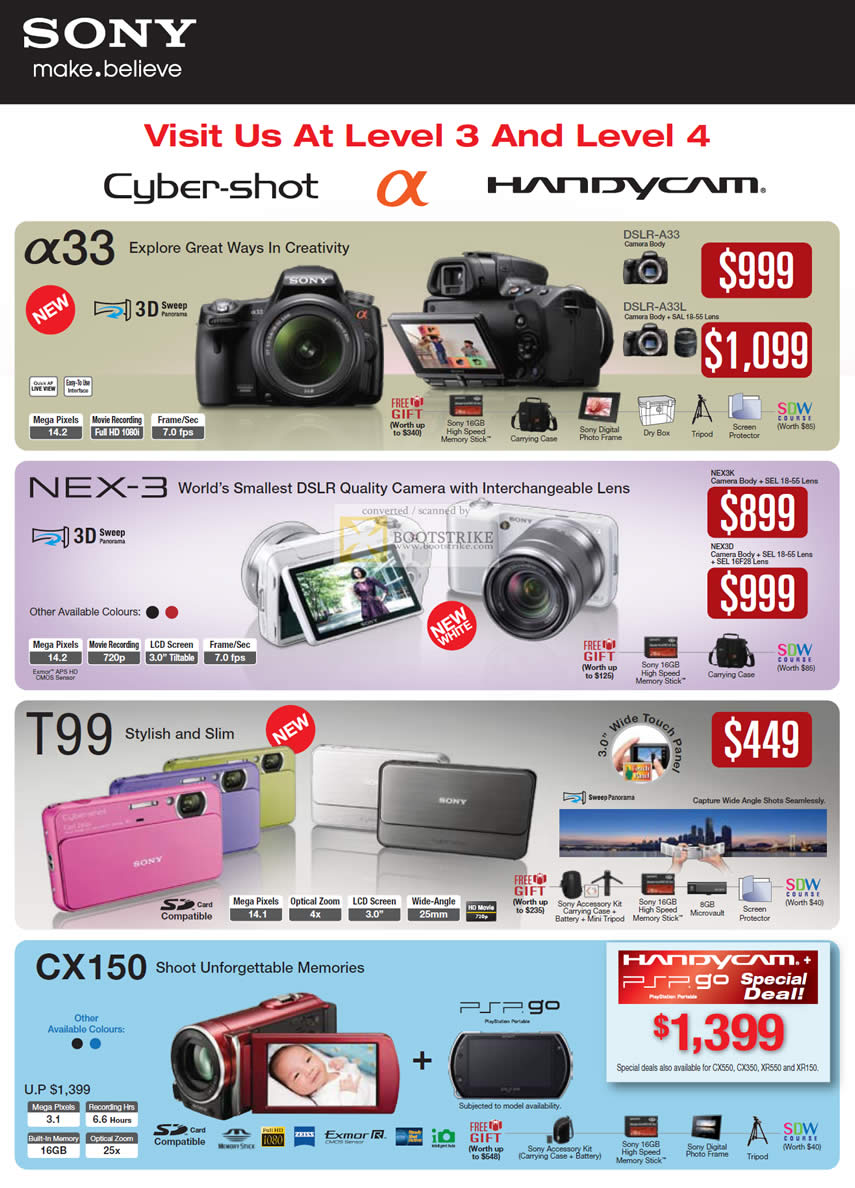 Comex 2010 price list image brochure of Sony Handycam Cybershot Alpha A33 NEX 3 A33L T99 CX150 NEX3K NEX3D
