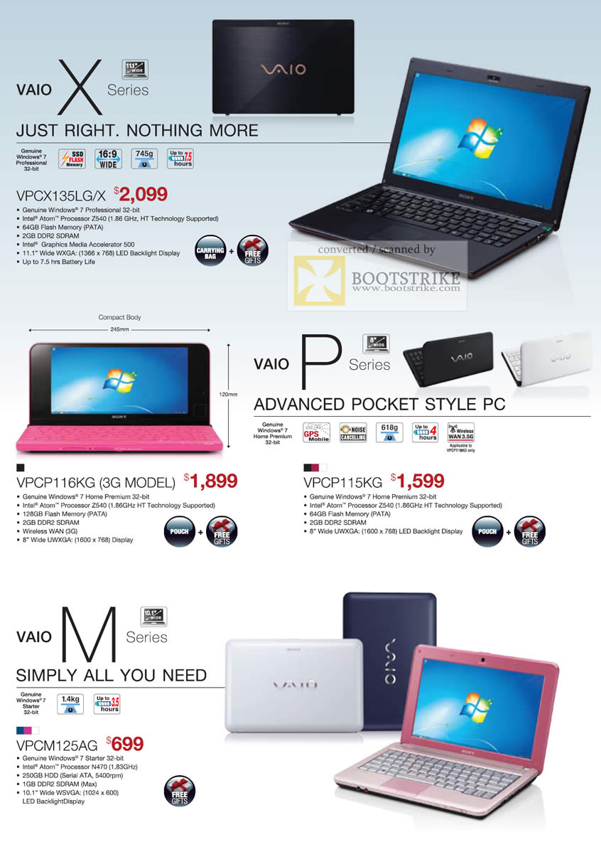 Comex 2010 price list image brochure of Sony Notebooks Vaio X Series VPCX135LG X P Netbook Pocket Style VPCP116KG 3G M VPCM125AG