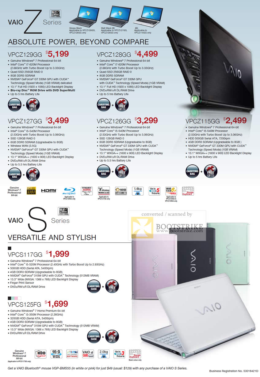Comex 2010 price list image brochure of Sony Notebooks Vaio Z VPC129GG VPCZ128GG VPCZ137GG VPCZ136GG S VPCS117GG VPCS125FG