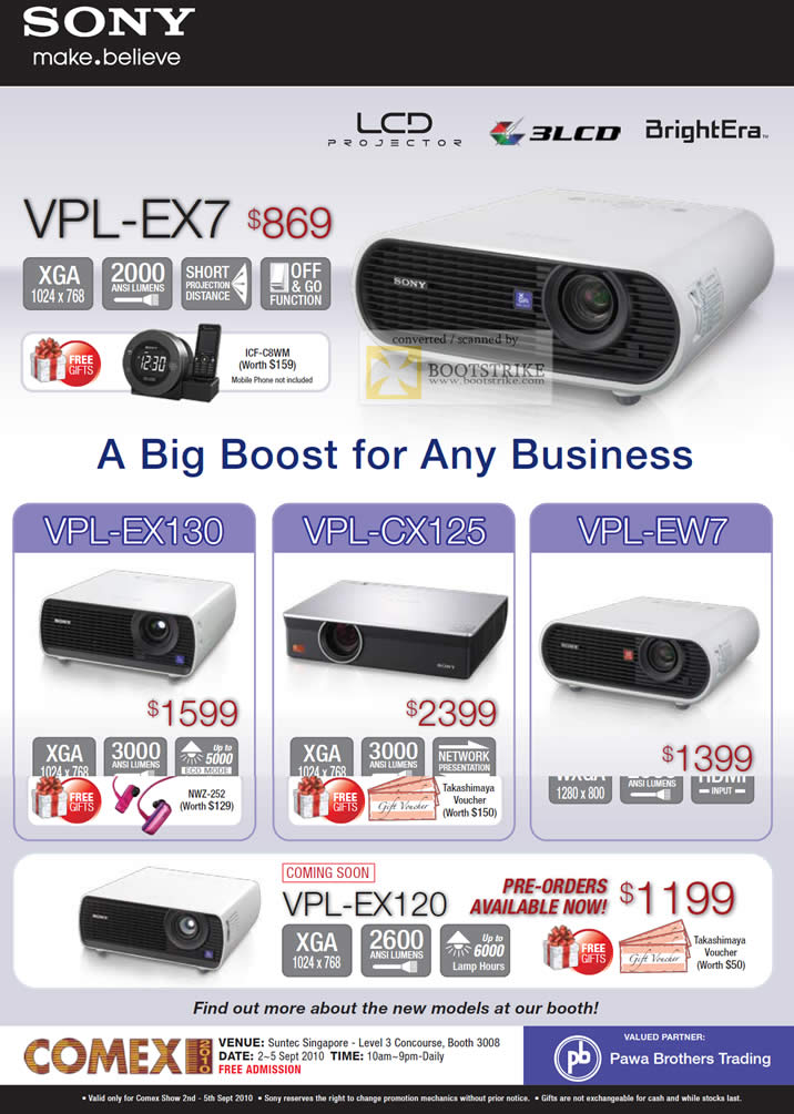 Comex 2010 price list image brochure of Sony Projectors VPL EX7 BrightEra EX130 CX125 EW7 EX120