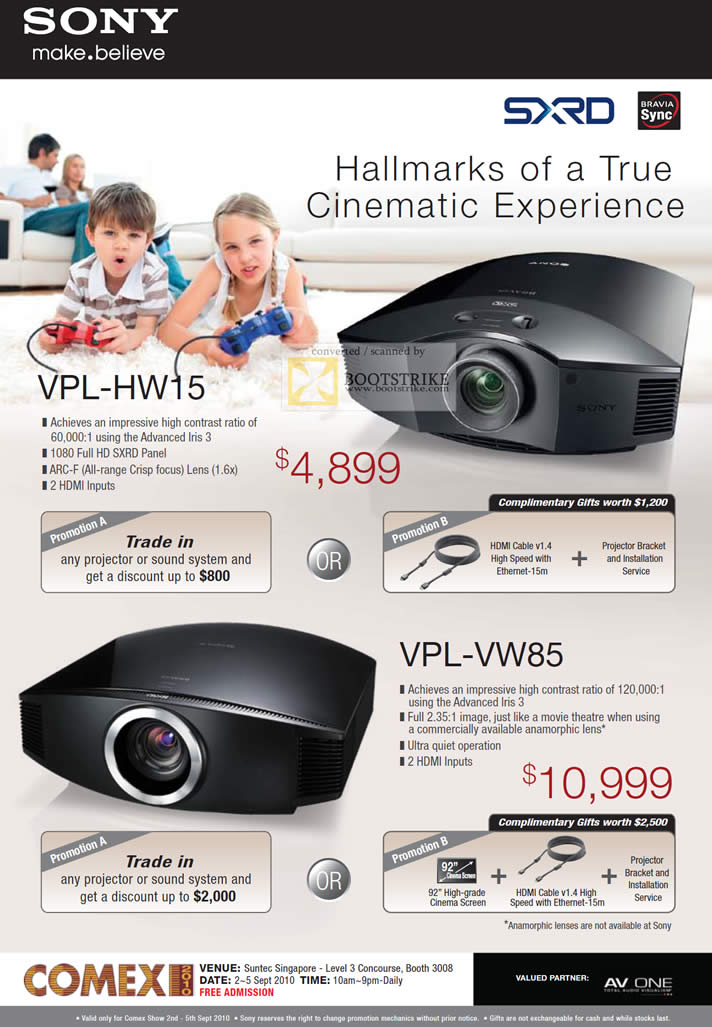 Comex 2010 price list image brochure of Sony Projectors VPL HW15 SXRD Bravia Sync VW85