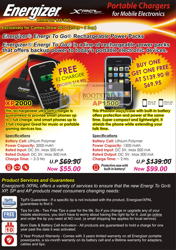 Comex 2010 price list image brochure of Sprint Cass Energizer Portable Mobile Charger Energi XP2000 AP1500 XPAL