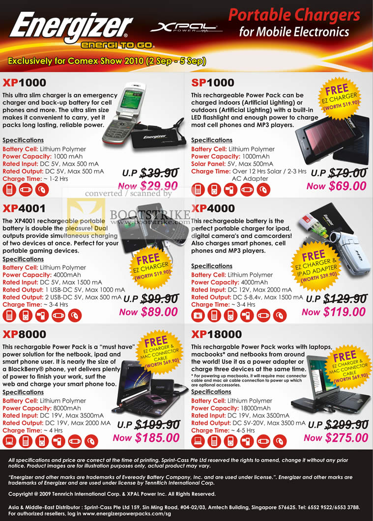 Comex 2010 price list image brochure of Sprint Cass Energizer Portable Mobile Charger XPAL XP1000 SP1000 XP4001 XP4000 XP8000 XP18000
