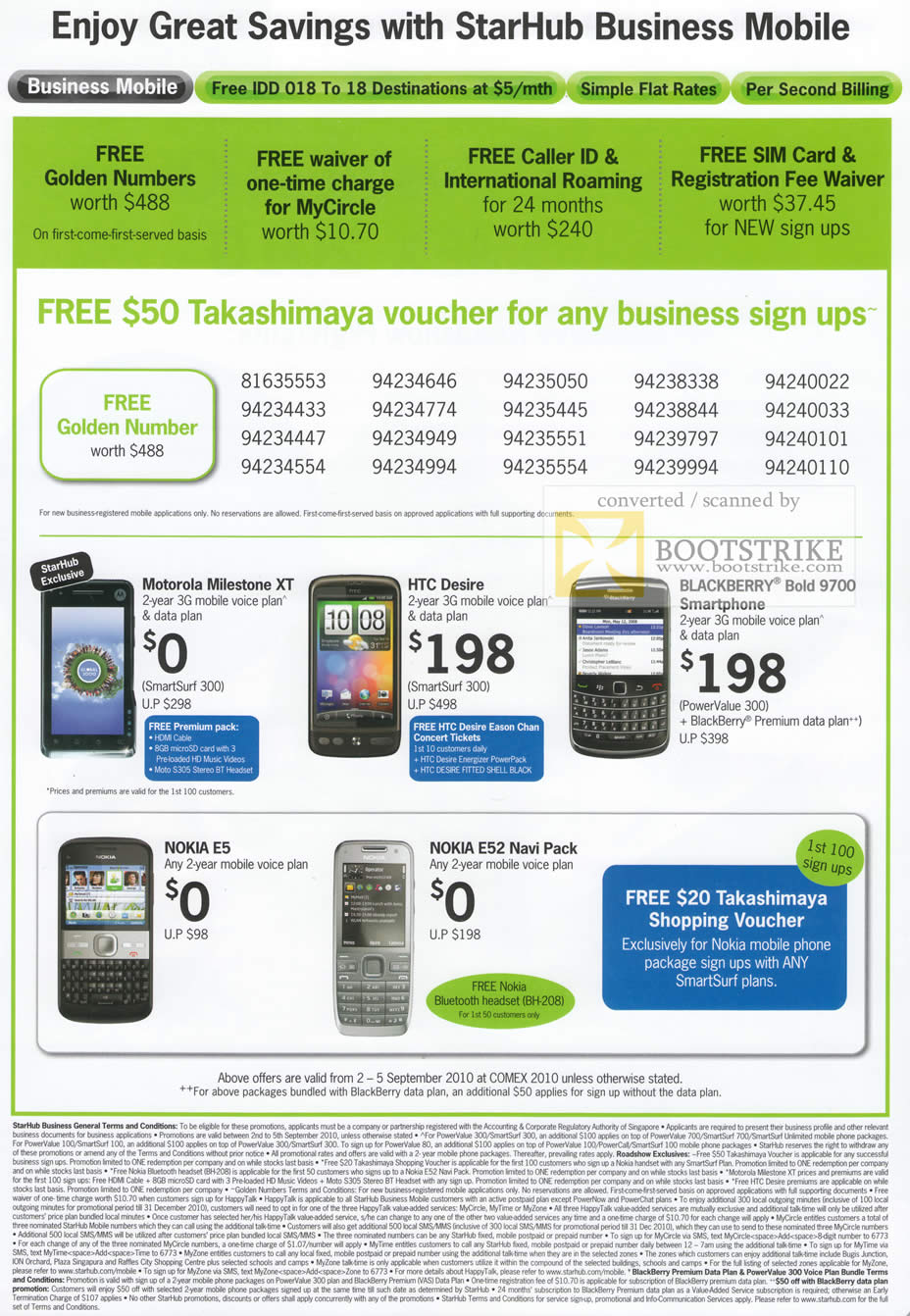 Comex 2010 price list image brochure of Starhub Business Mobile Takashimaya Voucher Phones Motorola Milestone XT HTC Desire Blackberry Nokia E5 E52 Navi Pack