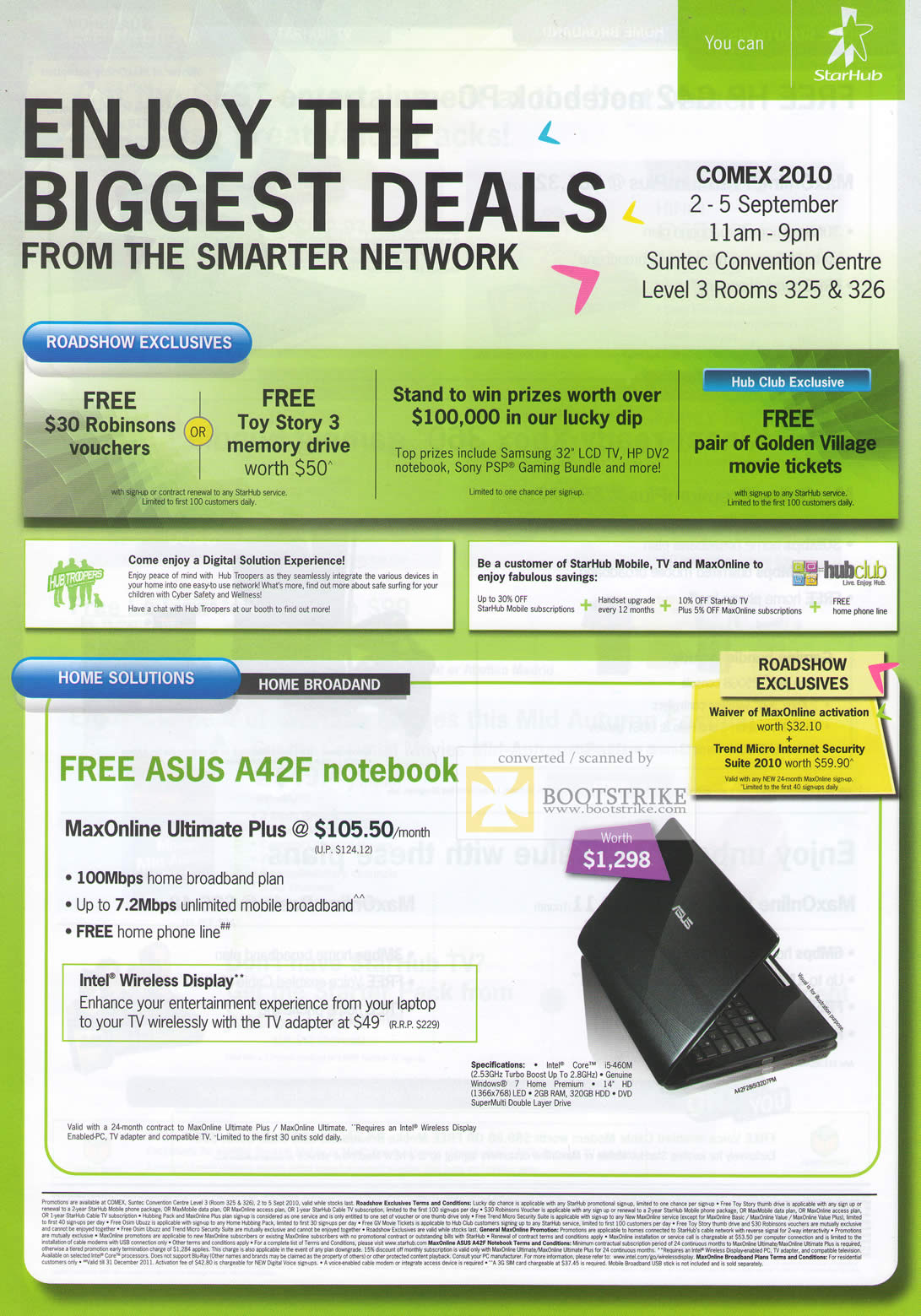 Comex 2010 price list image brochure of Starhub Roadshow Exclusives Robinsons Vouchers Toy Story 3 ASUS A42F Notebook Broadband MaxOnline Ultimate Plus