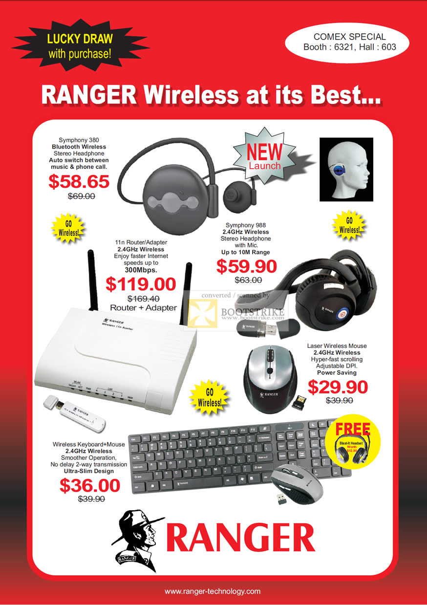 Comex 2010 price list image brochure of System Tech Ranger Wireless Headphone Symphony 380 Bluetooth 988 Router Adapter Laser Mouse Keyboard