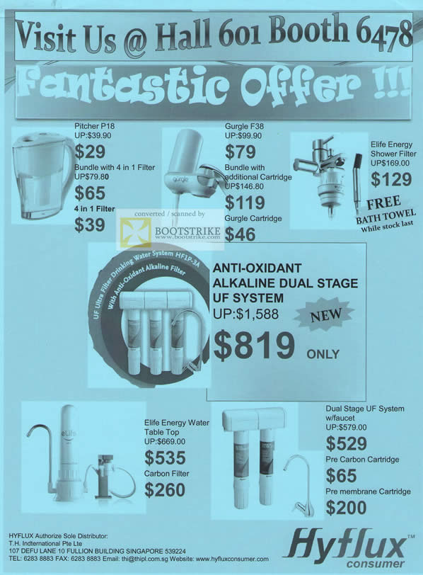 Comex 2010 price list image brochure of TH Intl Hyflux Pitcher P18 Gurgle F38 Elife Energy Shower Filter Water Table Top Dual Stage UF System