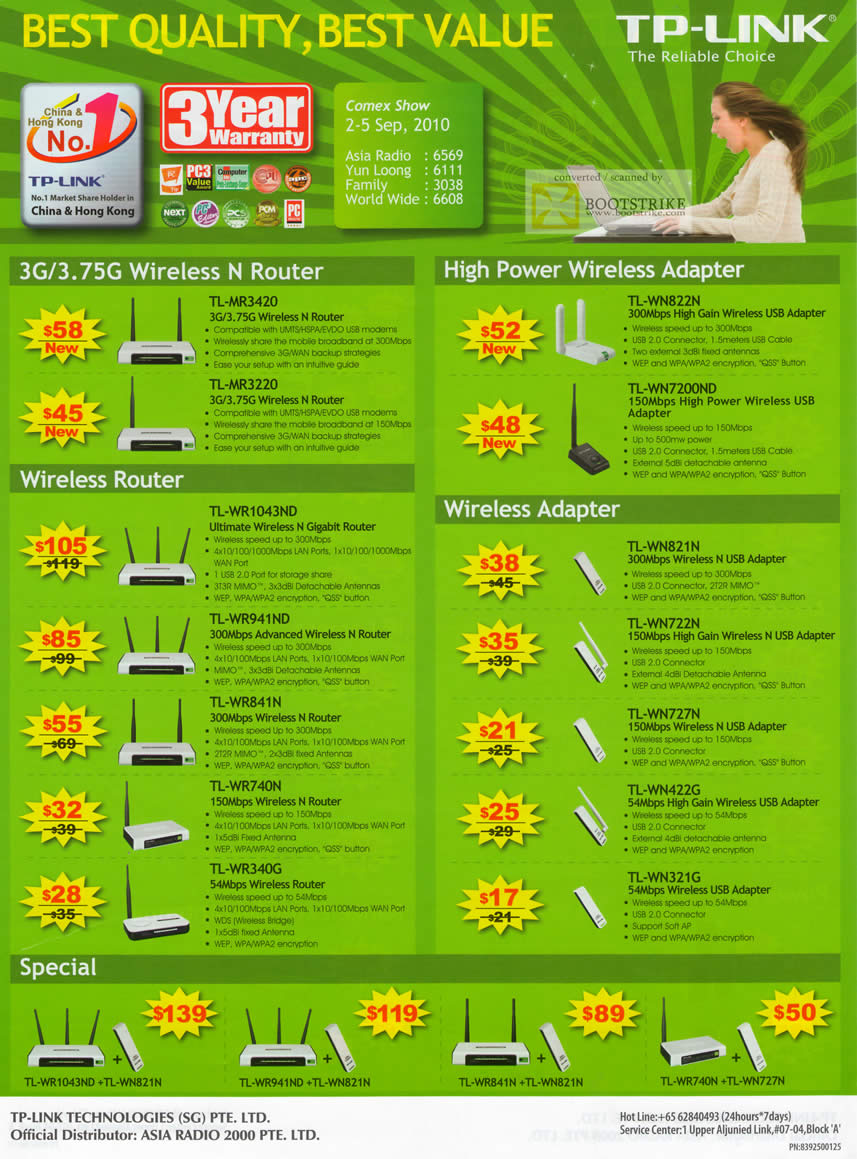Comex 2010 price list image brochure of TP Link Wireless N Routers 3 75 Adapter TL WR1043ND WN821N WN321G WR340G WR941ND MR3420 MR3220 WN822N