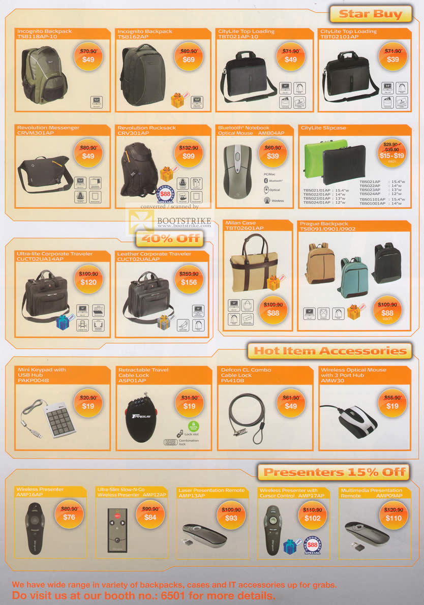 Comex 2010 price list image brochure of Targus Incognito Backpack CityLife Top Loading Rovolution Defcon CL Combo Mouse Wireless Presenter Milian Prague