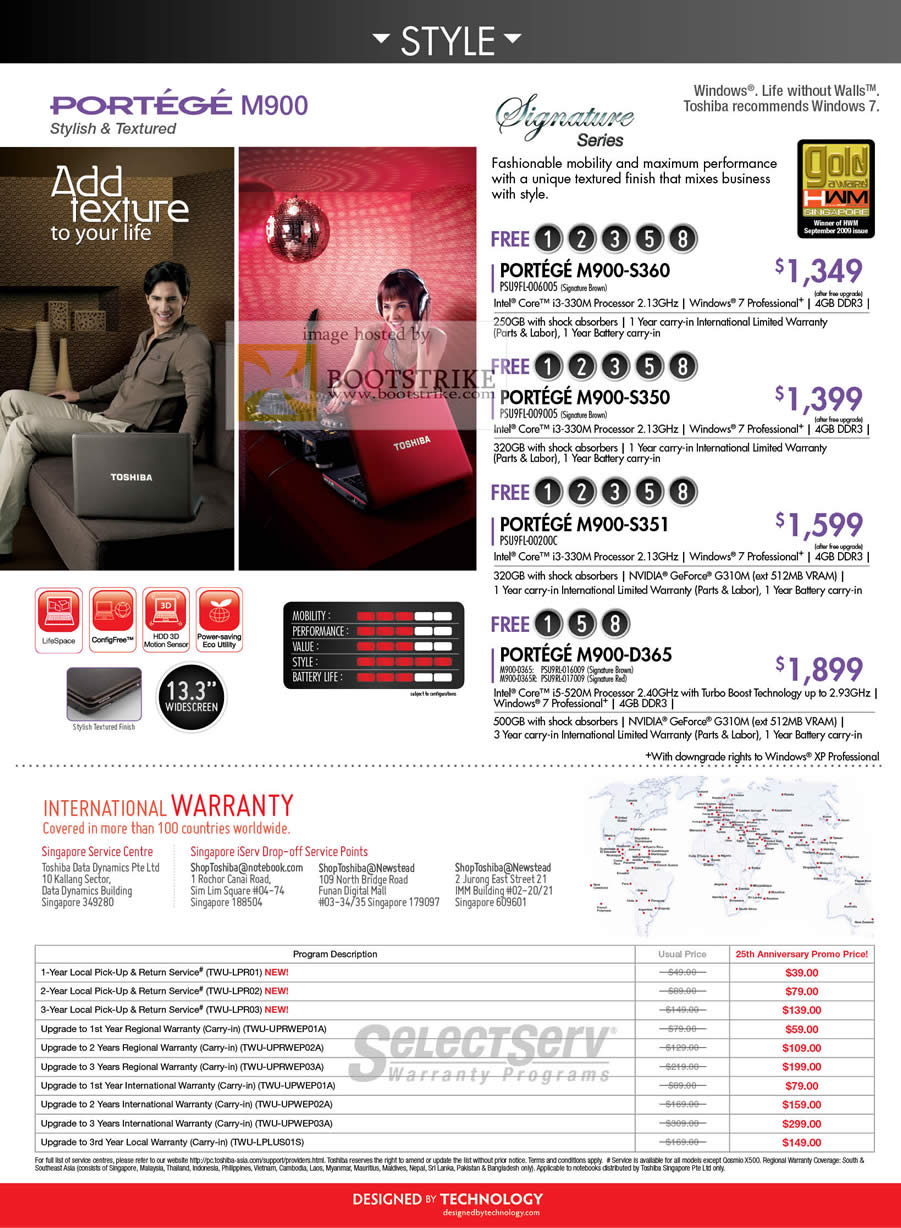 Comex 2010 price list image brochure of Toshiba Portege M900 S360 S350 S351 D365 SelectServ International Warranty Options