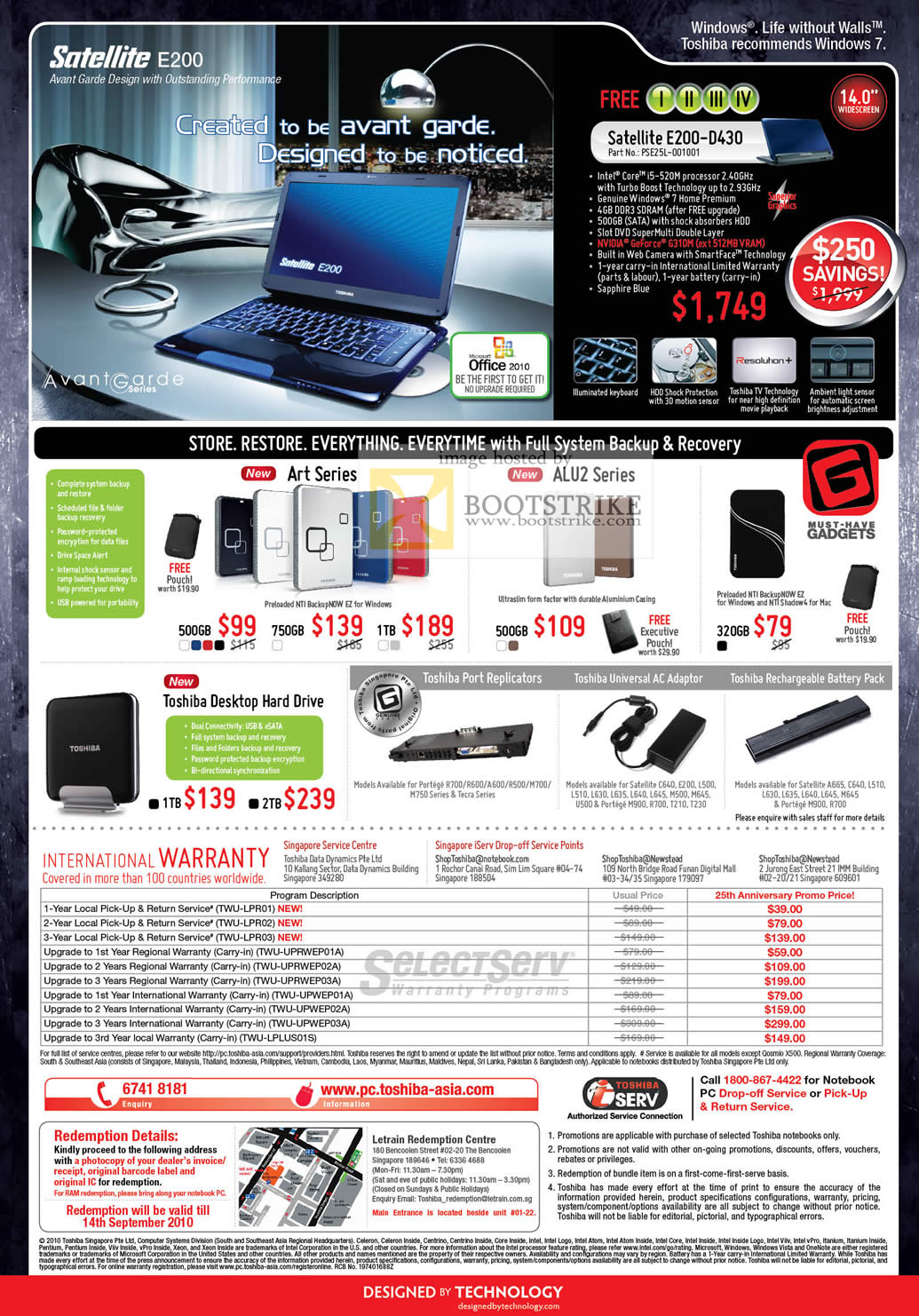 Comex 2010 price list image brochure of Toshiba Satellite E200 Notebooks External Storage Art Alu2 International Warranty Options SelectServ