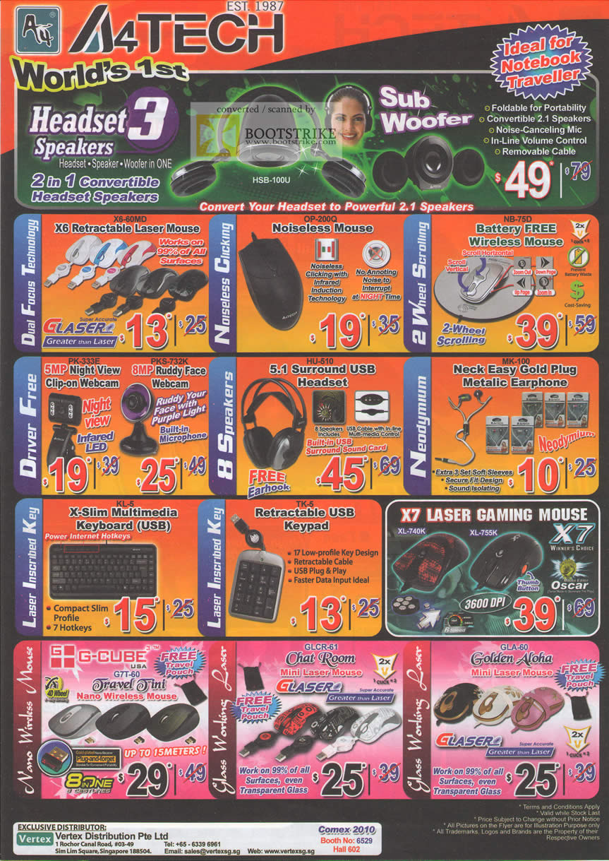 Comex 2010 price list image brochure of Vertex A4Tech Headset Subwoofer Mouse Laser X6 Noiseless Webcam Earphone Keyboard X Slim Keypad X7 Gaming G Cube