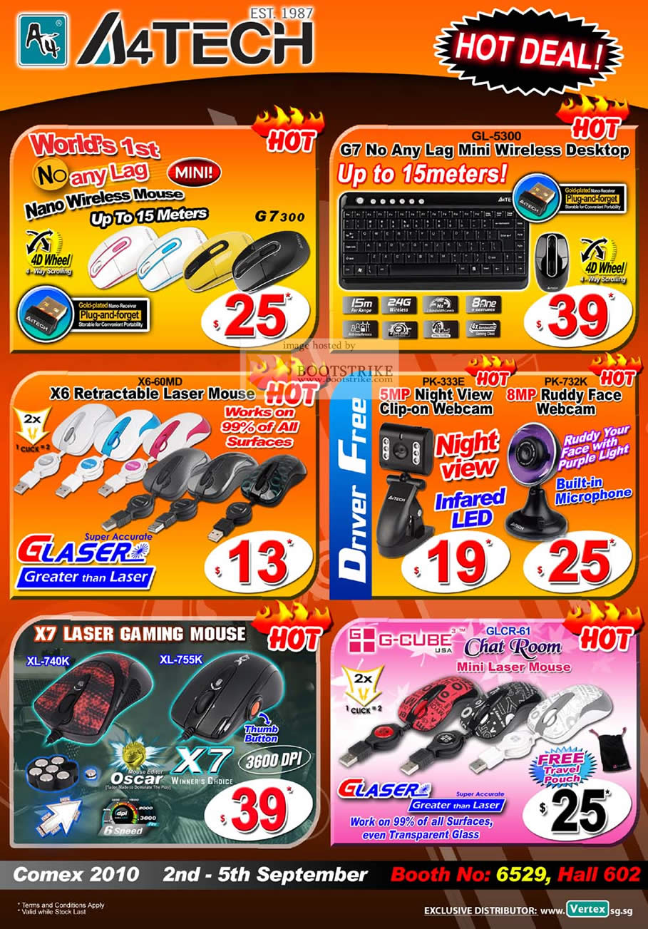 Comex 2010 price list image brochure of Vertex A4Tech Nano Wireless Mouse G7 300 X6 60MD GLaser Webcam X7 Laser GCube Mini