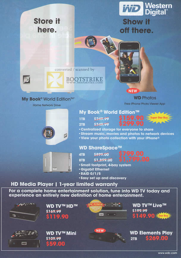 Comex 2010 price list image brochure of Western Digital WD External Storage My Book World Edition ShareSpace TV HD Mini Live Elements Play Media Player