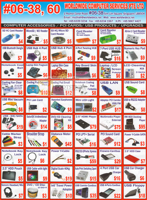 Comex 2010 price list image brochure of Worldwide Computer Accessories USB LAN Card Case Reader Earphones HDMI Player Digital Scale Fan