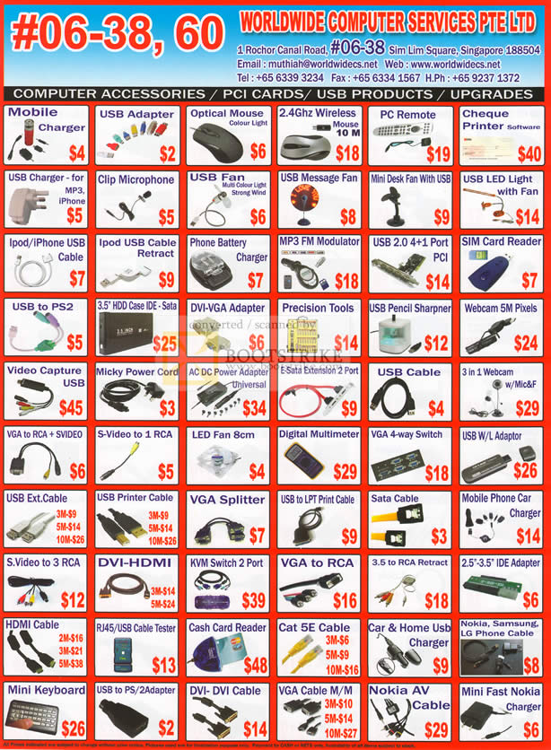 Comex 2010 price list image brochure of Worldwide Computer Accessories USB LCD PCI VGA Switch Cable Webcam Mouse