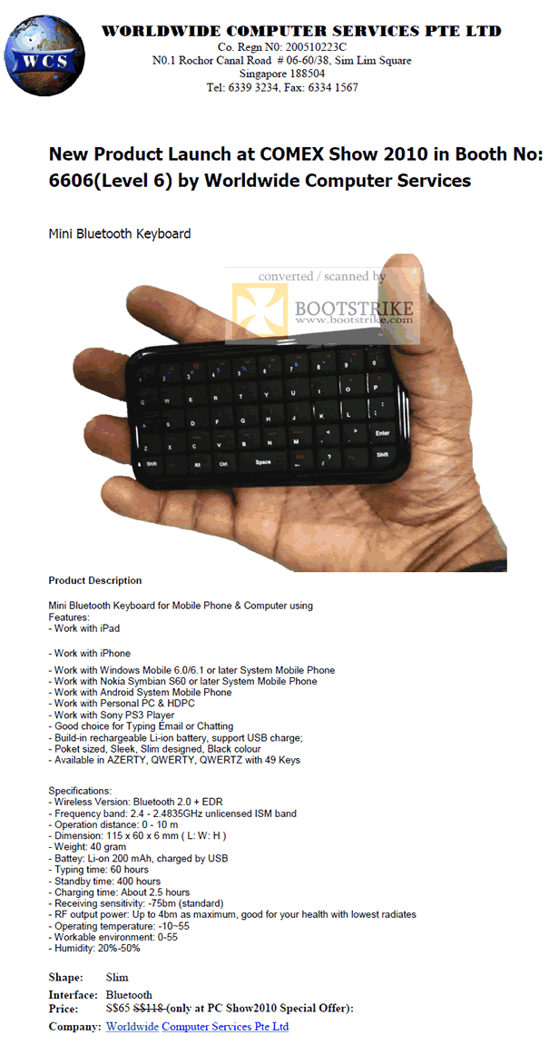 Comex 2010 price list image brochure of Worldwide Computer Mini Bluetooth Keyboard