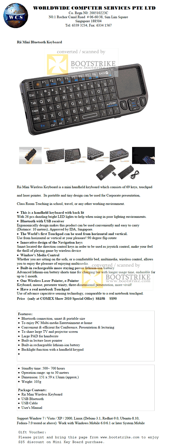 Comex 2010 price list image brochure of Worldwide Computer Rii Mini Wireless Bluetooth Keyboard