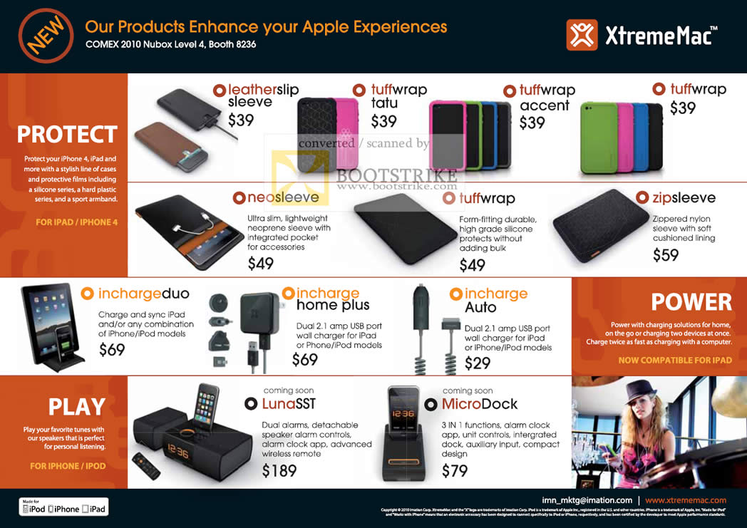 Comex 2010 price list image brochure of XtremeMac Sleeves Charger IPad IPod Speaker Alarm Clock Incharge Tuffwrap IPhone