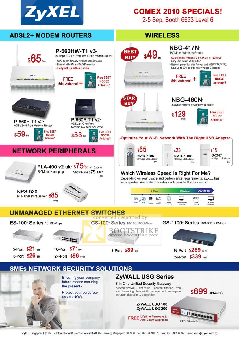 Comex 2010 price list image brochure of ZyXEL ADSL Modem Routers Wireless Homeplug Print Server Switches ZyWall USG Unified Security Gateway